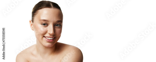 Banner. Smiling beautiful woman with bare shoulders looking at camera against white studio background with negative space to insert text. Concept of injections, wellness, spa procedures, cosmetology.