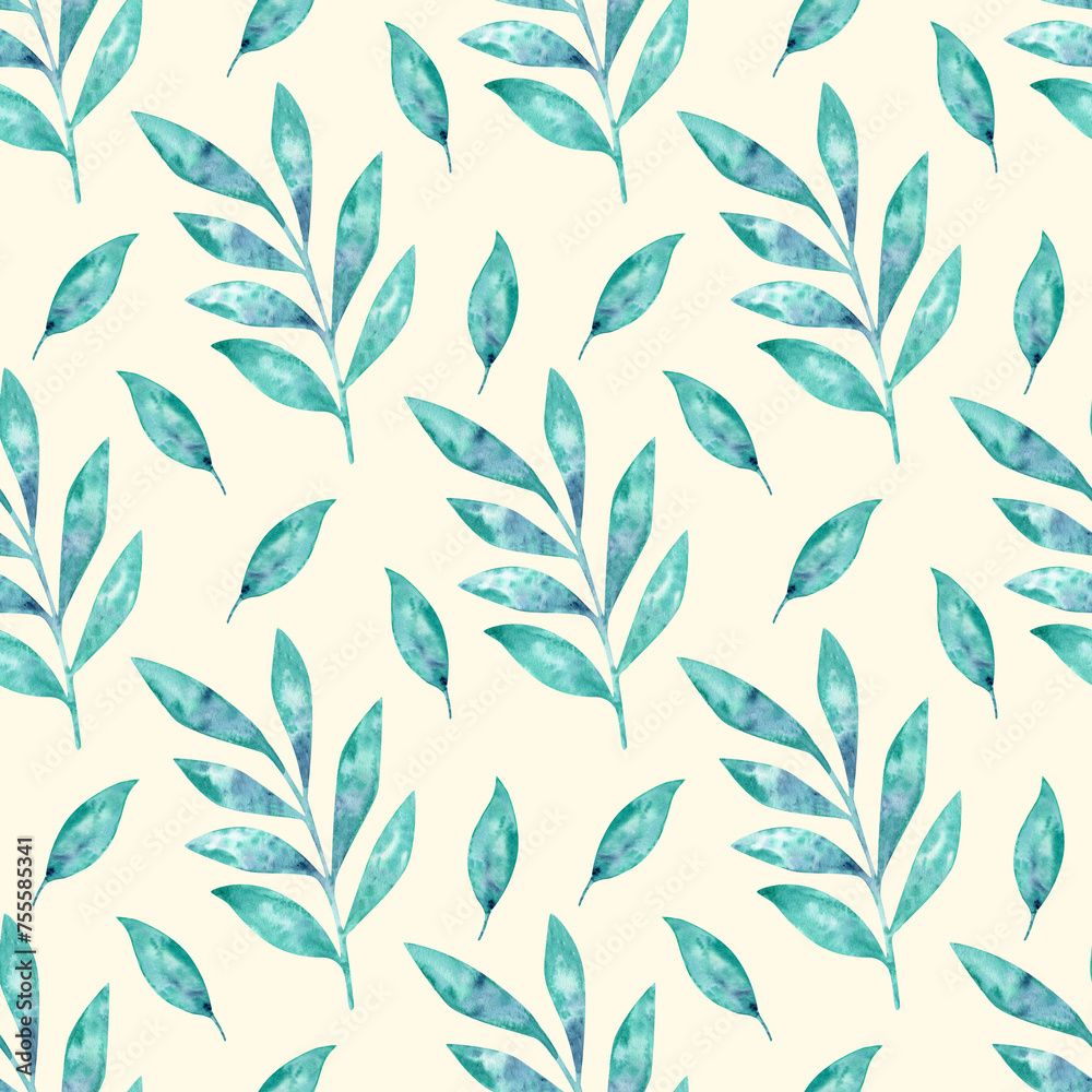 Watercolor pattern with leaves, branches, hand drawn. Blue, turquoise on a beige background.