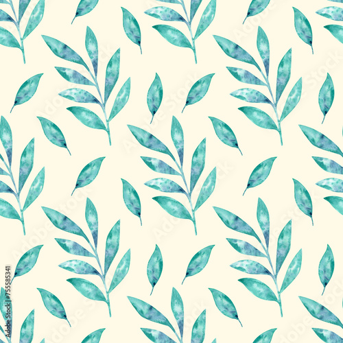 Watercolor pattern with leaves  branches  hand drawn. Blue  turquoise on a beige background.