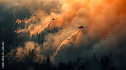 From above, helicopters unleash cascades of water, battling the relentless spread of forest fire