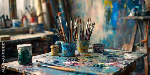 A table with many paint brushes and paint cans