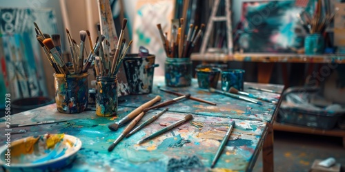 A table with many paint brushes and paint cans