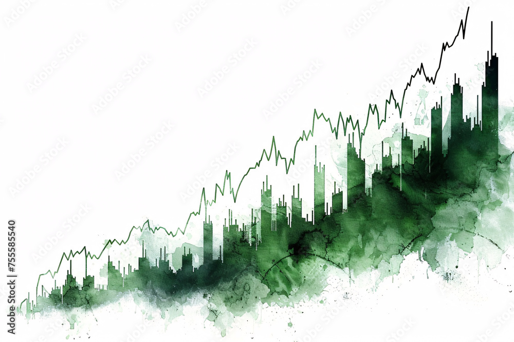 Εκτύπωση καμβά Green watercolor cityscape silhouette with upward stock chart overlay