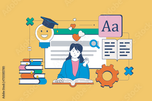 Book reading concept in flat neo brutalism design for web. Woman reads novels, learning textbook or e-book, pastime with literature. Vector illustration for social media banner, marketing material.