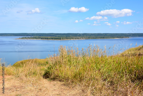 Volga river with island and sky with clouds view from top of hill 