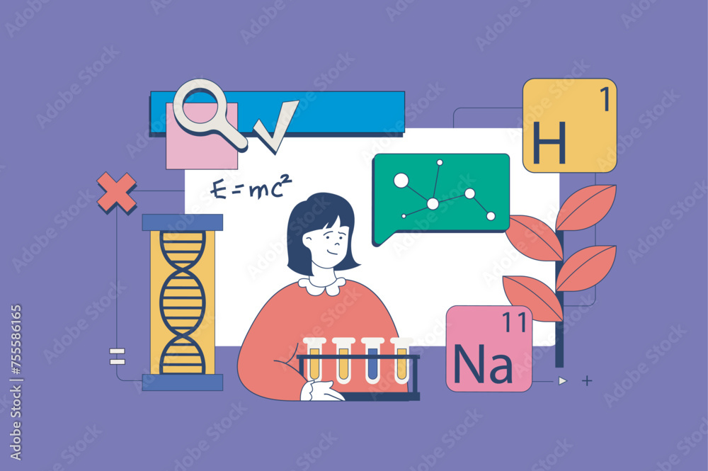 Science laboratory concept in flat neo brutalism design for web. Scientist makes chemical research with flask tube, makes lab research. Vector illustration for social media banner, marketing material.