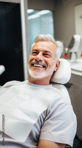 A mature smiling Man in a dental clinic. Dentist, orthodontist, Teeth whitening, Brushing, Braces, Veneers, Caries treatment, pulpitis, periodontitis, Healthcare, Oral hygiene, teeth check-up.