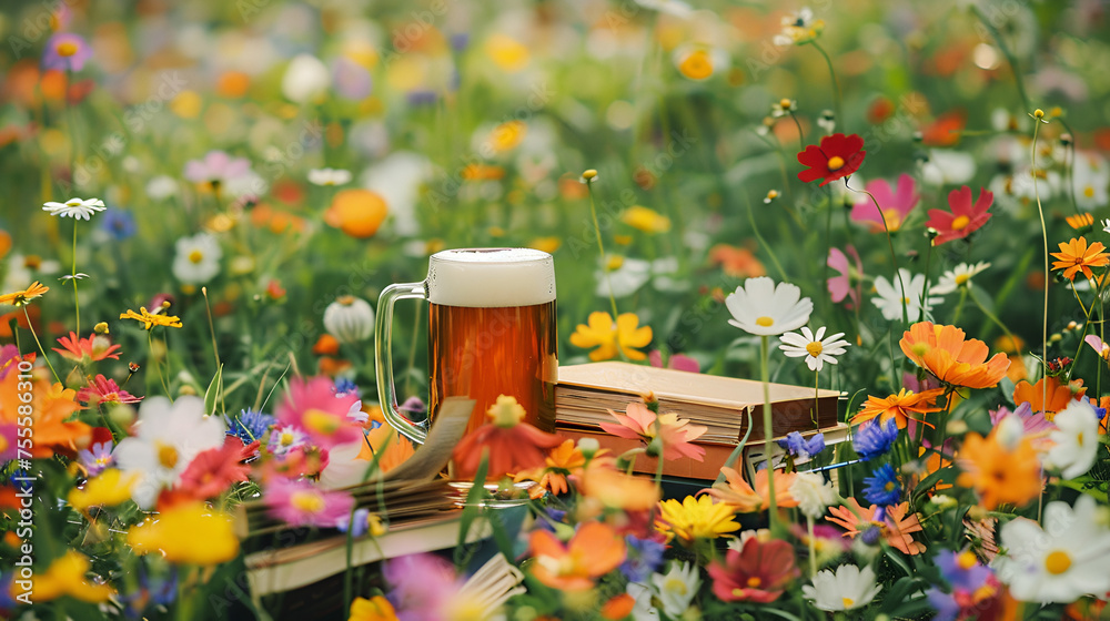 Aesthetic wide angle photograph of a pile of books and a beer pint glass at a field full of blooming colorful flowers. Product photography. Advertising. World book day. - obrazy, fototapety, plakaty 