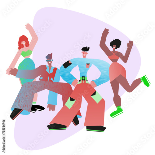 An illustration of a diverse group of friends dancing joyfully, capturing the essence of movement and the spirit of togetherness in a vibrant setting.