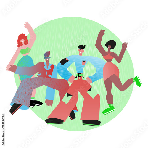 An illustration of a diverse group of friends dancing joyfully, capturing the essence of movement and the spirit of togetherness in a vibrant setting.