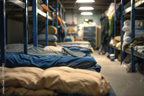 Double decker beds for people in needs in temporary shelter. Sleeping quarters with blankets in interior of empty flophouse. Care of homeless photo