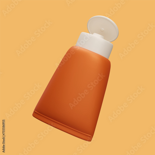 Orange 3D cosmetic product packaging design. 3D SPF sunscreen cream bottle realistic render. 3D advertising showcase mockup template. Summer skincare beauty empty makeup cream bottle.