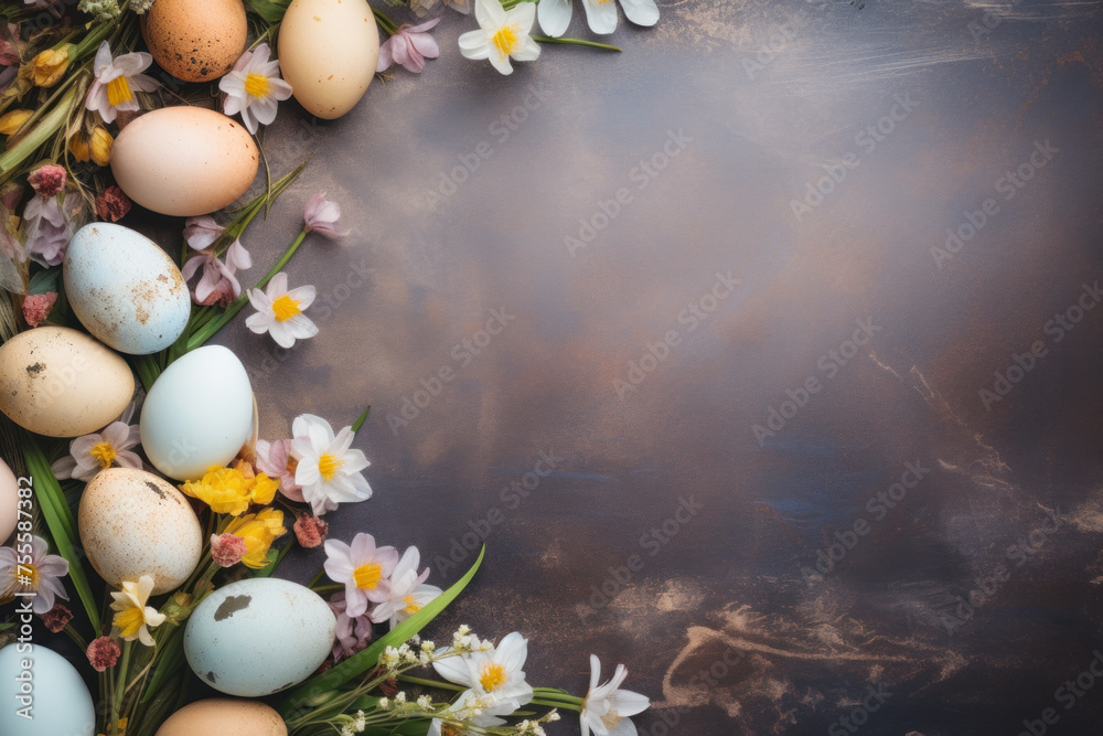 Easter egg border with spring flowers on dark background