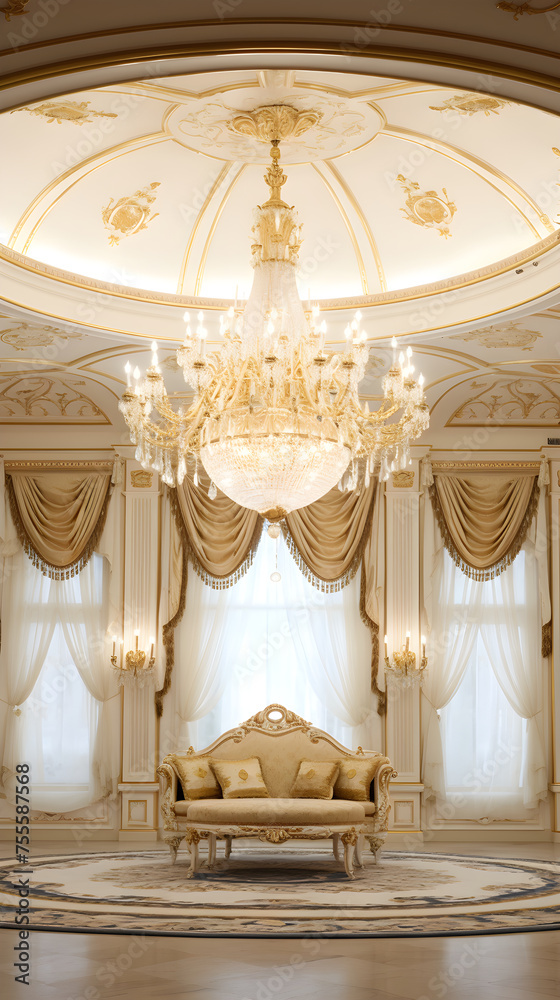 Elegant Golden-Accented Ivory Ceiling Design with Classic Chandelier