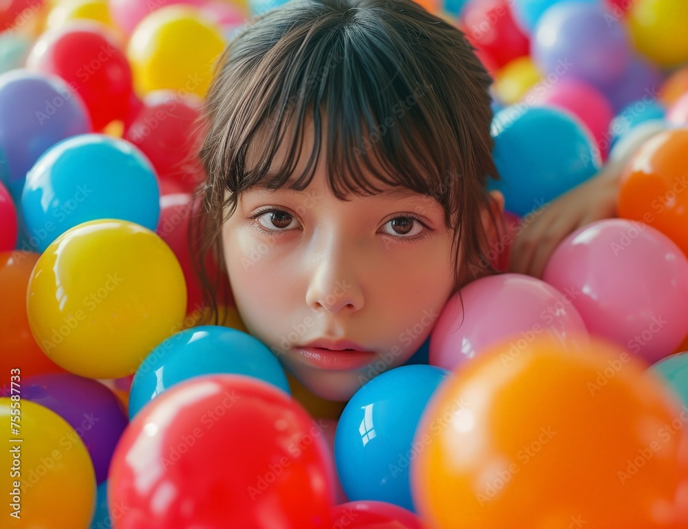 Obraz premium Happy young Asian girl enjoying colorful ball pit filled with vibrant balls in indoor playground setting