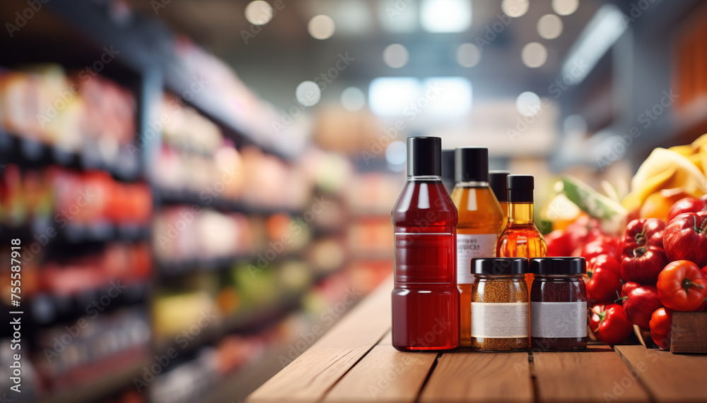 products on a blurred supermarket background with bokeh.