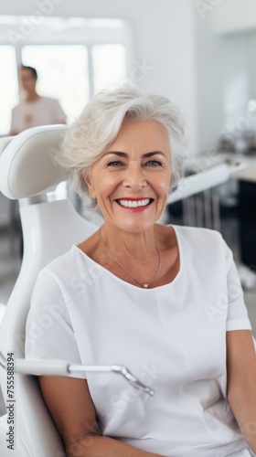 Mature smiling happy woman in dental clinic chair. Dentist, orthodontist, Teeth whitening, Brushing, Veneers, Caries treatment, pulpitis, periodontitis, Healthcare, Oral hygiene, teeth check-up.