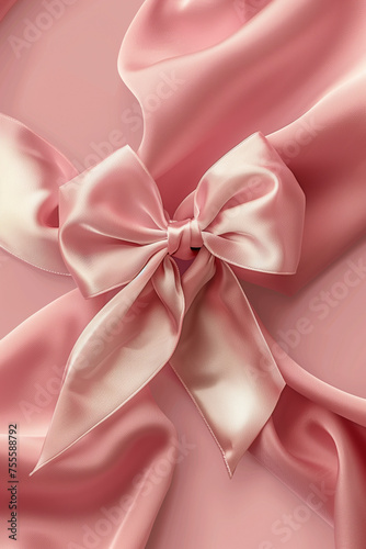 beautiful pink satin bow on a light pink background.