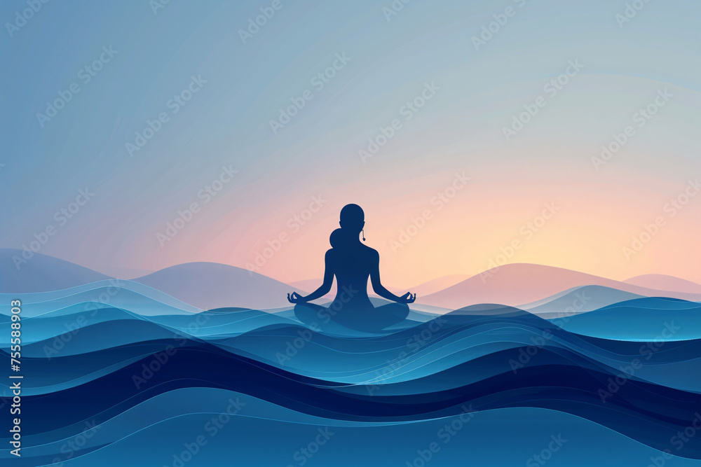 Serene meditation silhouette against dusk ocean waves