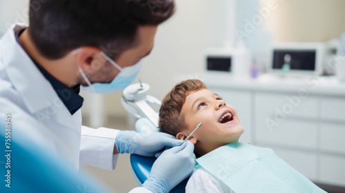 A smiling little boy in a chair at a children's dental clinic. Dentist, orthodontist, Teeth whitening, Caries treatment, pulpitis, periodontitis, Healthcare, Oral hygiene, teeth check-up.