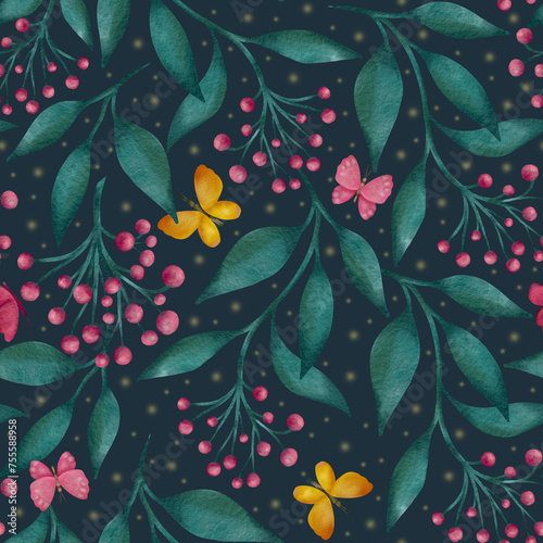 Botanical seamless pattern with lilly pilly flowers and leaves, illustration for textile print, wallpaper, wrapping paper, wattle, card, letter, wedding, holiday, butterfly	, dark, star, magic photo