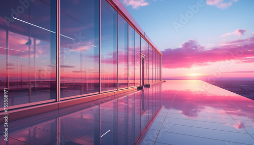 reflection of a pink sunset on the facade of a glass office buildin
