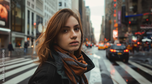 young attractive woman with a natural look walks across the street in a big city looking at the camera © Steffen Kögler