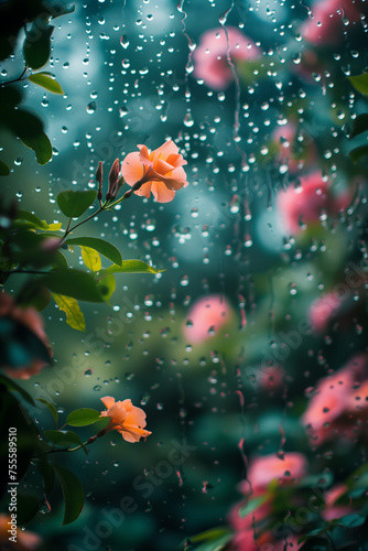 beautiful flowers in the garden with raindrops in the background