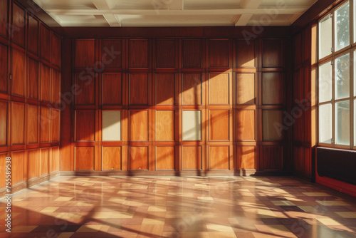 Sunlit wooden wall paneling and floor in an empty room