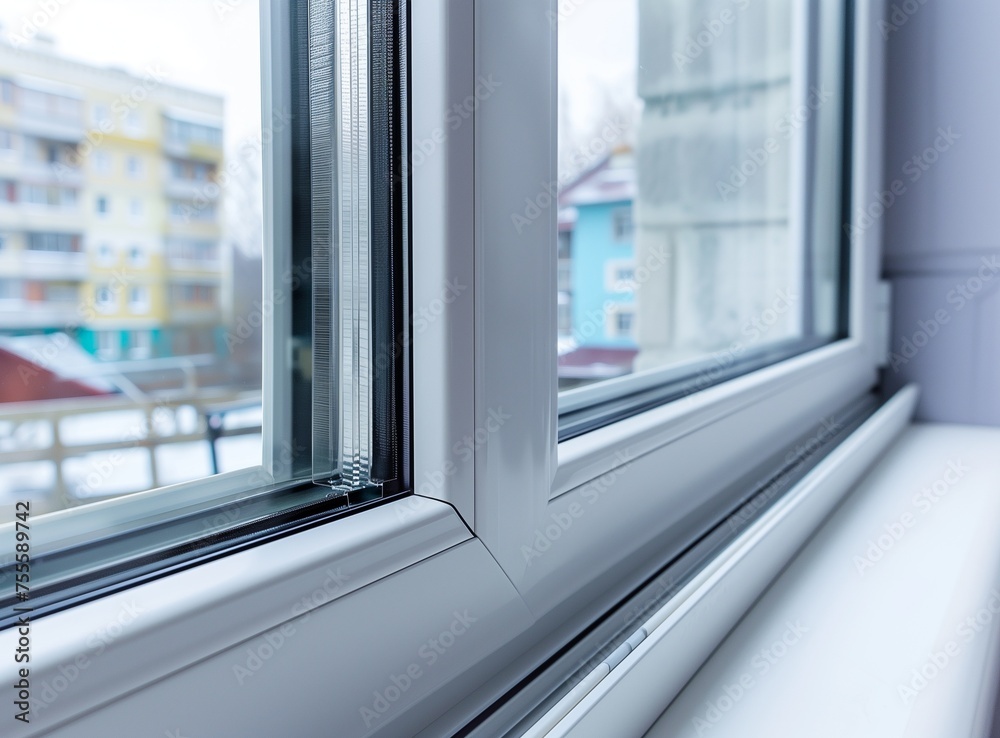 White plastic window profile with glass. handles of closed white plastic window indoor closeup White plastic window profile with glass. handles of closed white plastic window indoor closeup