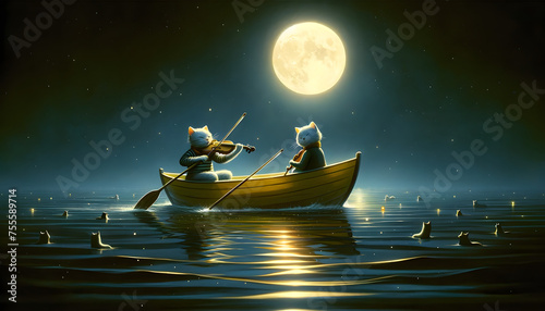 a serene night scene on water. In a small yellow boat, we see two anthropomorphic cats one is rowing with determination, and the other, elegantly dressed, is playing the violin