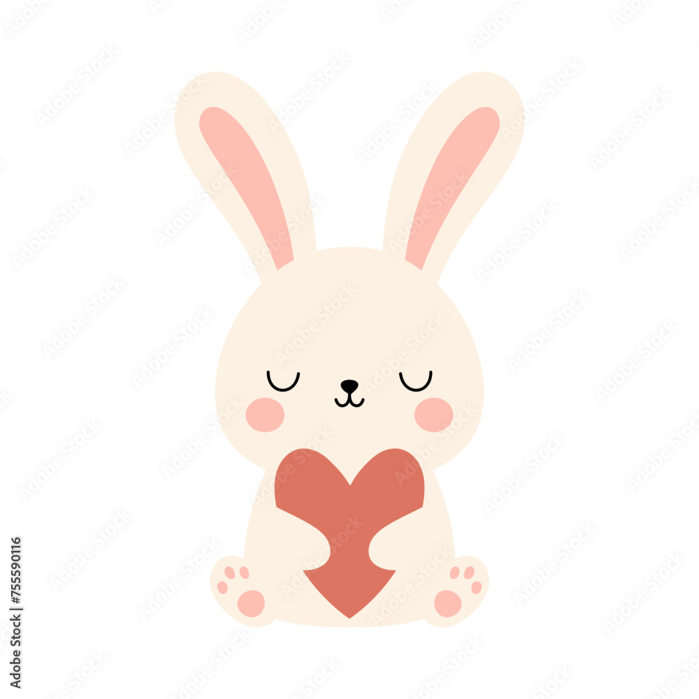 Cute lovable bunny with hart. Cartoon rabbit character for kids cards, baby shower, invitation, poster. Vector stock illustrati Cute lovable bunny with hart. Cartoon rabbit character for kids cards, baby shower, invitation, poster. Vector stock illustrati