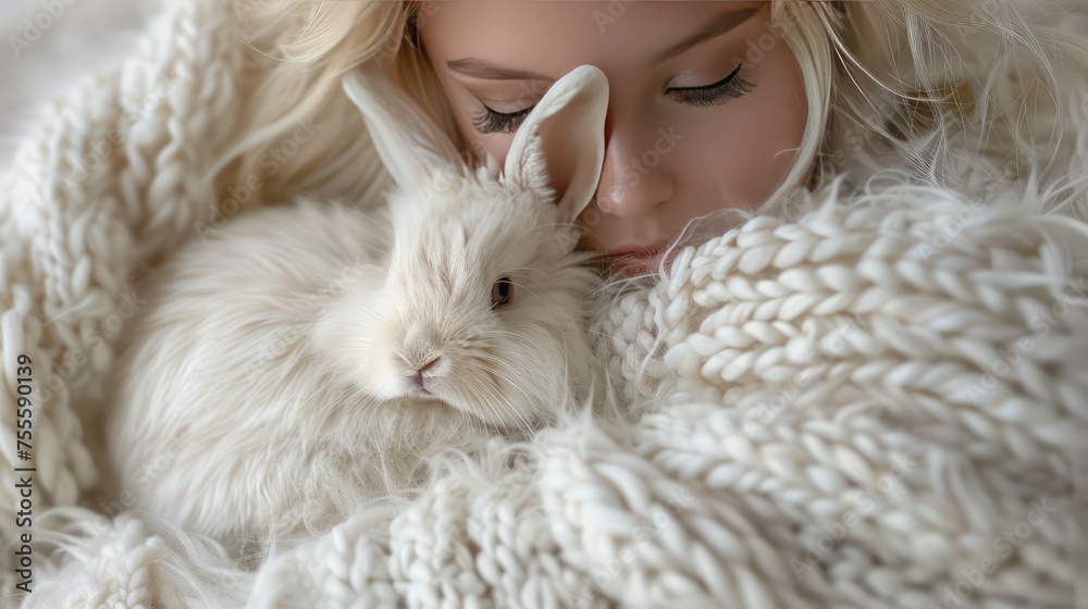 Young woman hugs the Easter bunny, sleeps with him under warm blanket. Generative AI Young woman hugs the Easter bunny, sleeps with him under warm blanket. Generative AI