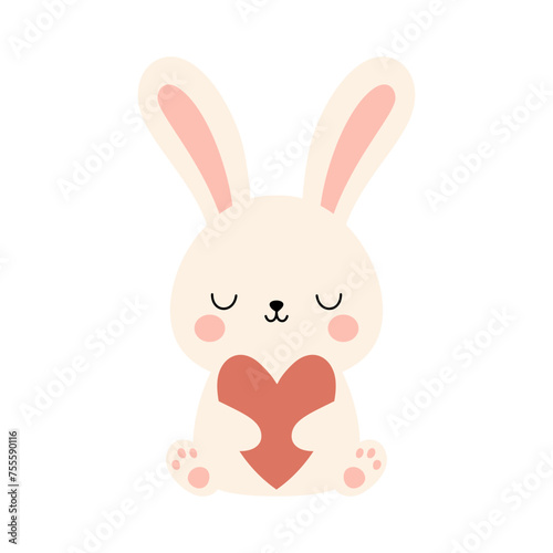 Cute lovable bunny with hart. Cartoon rabbit character for kids cards  baby shower  invitation  poster. Vector stock illustrati