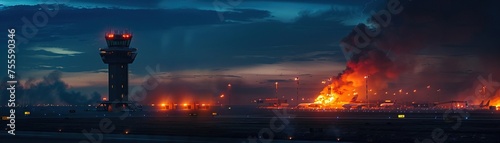 on the left of the screen is an air traffic control tower of a regional airport thats on fire at night documentary
