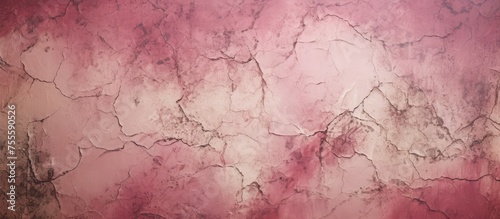 A red and white wall with visible cracks running through the textured surface. The cracks reveal the dark rose-colored layer beneath the plaster, creating a grungy and aged aesthetic.