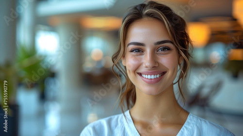 Smiling beautiful elegant businesswoman standing at lobby in a modern business office tower.
