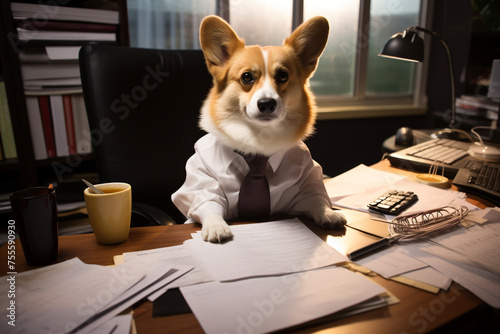 Cute and funny dog impersonating business person, working in the office © Tommyview