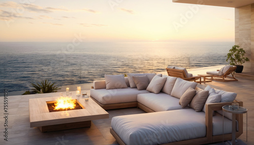 Luxury terrace overlooking the sea at sunset. 3d rendering © Hoody Baba