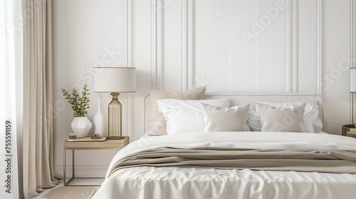 Country interior design of modern bedroom with white and cream pillows on bed