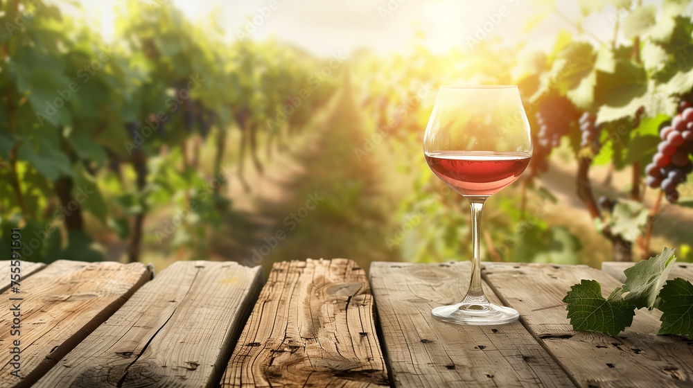 Empty wooden table top with glass of wine on vineyard background with copy space
