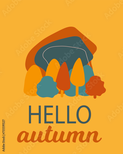 Stylish 'Hello Autumn' graphic with colorful trees and leaves, ideal for seasonal greetings and fall-themed designs