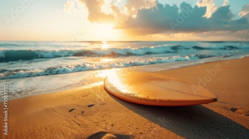 Surfboard nestled in the sand, a beach scene photo