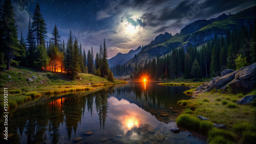 Night lake in a forest in the mountains on a grassy area with low greenery. The moon sets the lake on fire