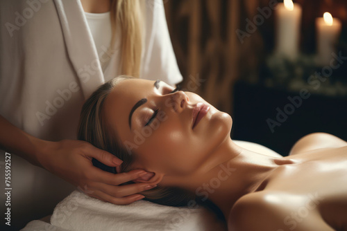 Relaxing Spa Massage: Serene Woman Enjoying Aromatherapy Treatment, Experiencing Pure Bliss and Health Benefits in Clean Medical Salon