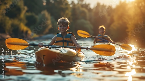 A group of young children alone in a river kayaking, with a large, hazy background and plenty of room for text or products, Generative AI. photo