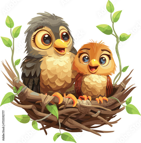 illustration of a mother bird with her chicks in a nest, depicted in vector format.