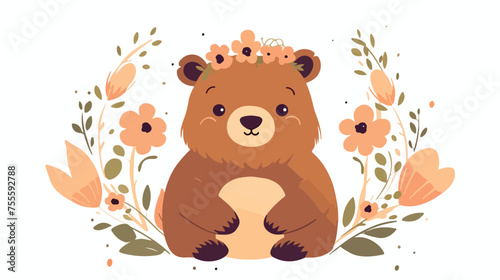 Cute bear with crown flowers and leaves design 