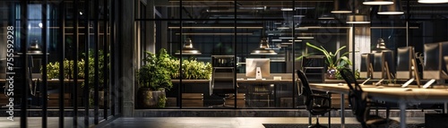 Night-Time Office Space: Modern Interior Design with Rows of Working Desks