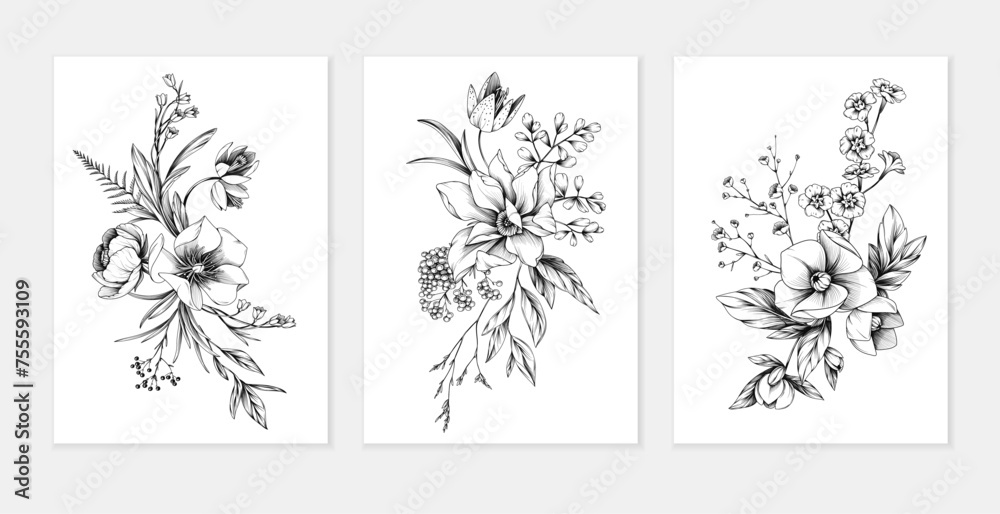 Botanic set of detailed floral poster. Luxury vintage flowers and brunch collection for wedding invitation, wallpaper art or save the date card. Botanical vector
